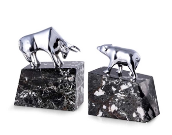 Bull & Bear, Solid Brass, Chrome Plated on Marble Bookends