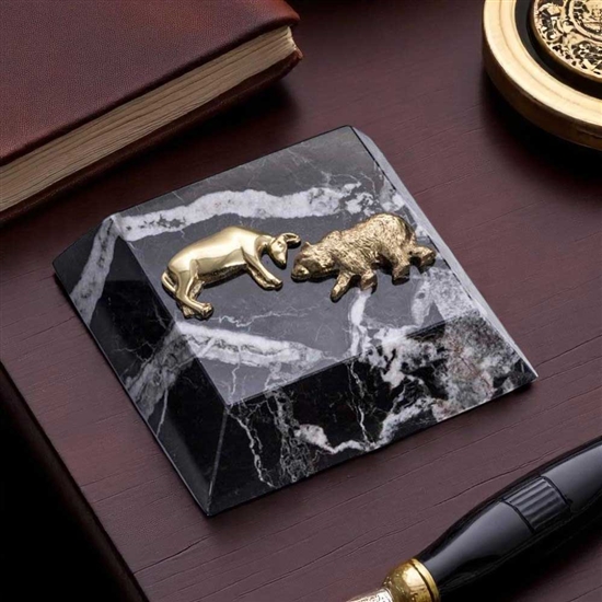 Stock Market Bull and Bear Paperweight - Black Marble