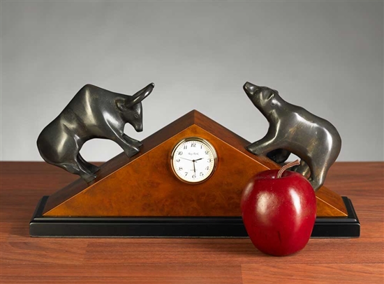 Stock Market Bull and Bear Clock, Brass