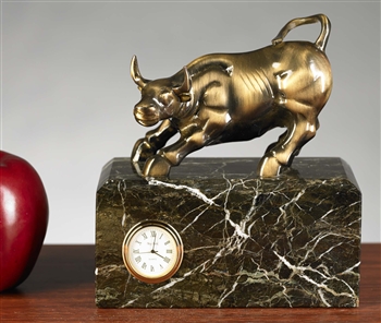 Antique Brass Bull Clock on Green Marble