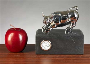 Chrome Plated Brass Stock Market Bull Clock on Black Marble
