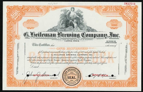 G. Heileman Brewing Specimen Stock Certificate - Old Style Beer