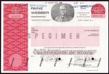 Paine Webber Specimen Stock Certificate