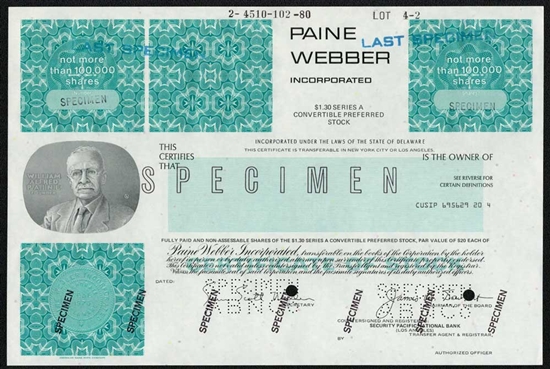 Paine Webber Specimen Stock Certificate