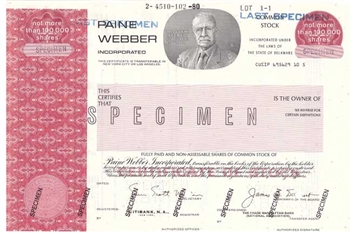 Paine Webber Specimen Stock Certificate