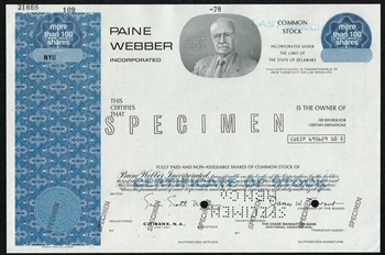 Paine Webber Specimen Stock Certificate - 1978