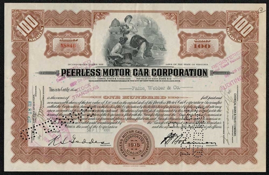 Peerless Motor Car Corp Stock Certificate