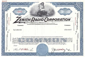 Zenith Radio Corp Specimen Stock Certificate
