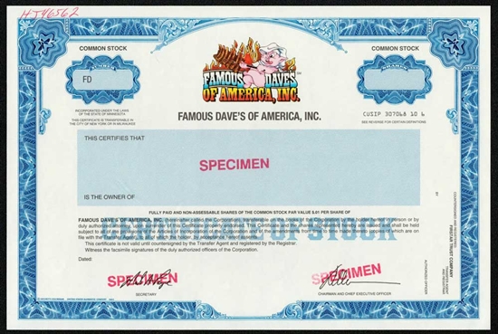 Famous Dave's of America Specimen Stock Certificate