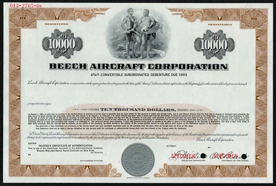 Beech Aircraft Specimen $10,000 Note Certificate