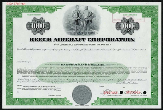 Beech Aircraft Specimen $1000 Note Certificate