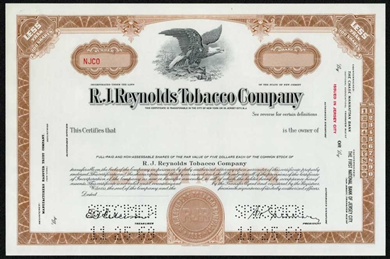 R.J. Reynolds Tobacco Co Specimen Stock Certificate - 1969