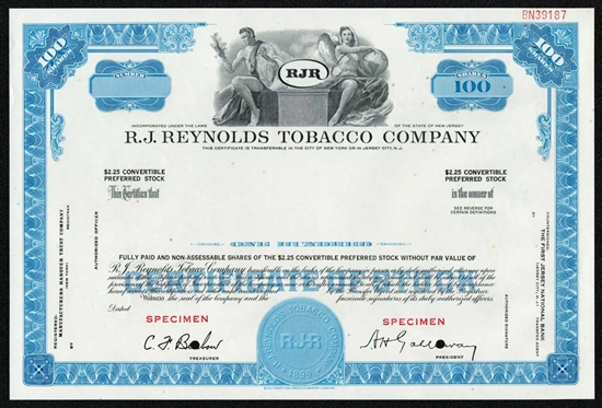 R.J. Reynolds Tobacco Co Specimen Stock Certificate - 1950s