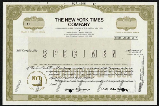 The New York Times Company Specimen Stock Certificate