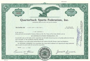 Quarterback Sports Federation, Inc. Stock Certificate - 1969