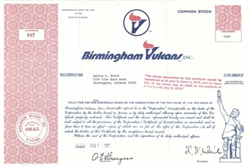 Birmingham Vulcan, Inc. Stock Certificate - Football Team