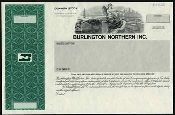 Burlington Northern Inc Specimen Stock Certificate