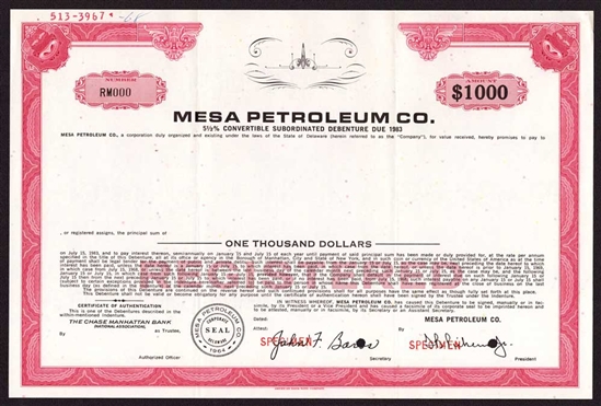 1968 Mesa Petroleum Co. Specimen Bond | T. Boone Pickens