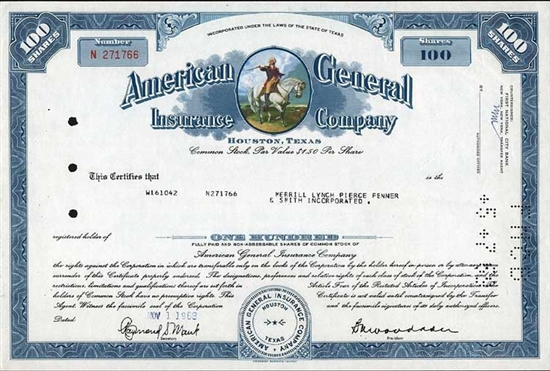 American General Insurance (AIG) Stock Certificate
