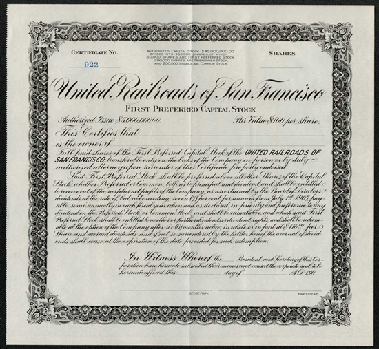 United Railroads of San Francisco Stock Certificate