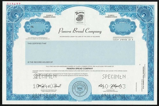 Panera Bread Company Specimen Stock Certificate