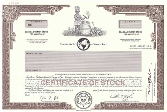 Swisher International Specimen Stock Certificate - Cigars