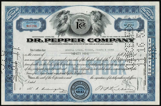 Dr. Pepper Company Stock Certificate - Issued to Merrill Lynch