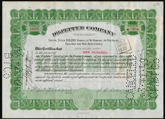 1936 Dr. Pepper Company Stock Certificate