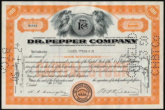 Dr. Pepper Company Stock Certificate - Issued to Harris, Upham & Co