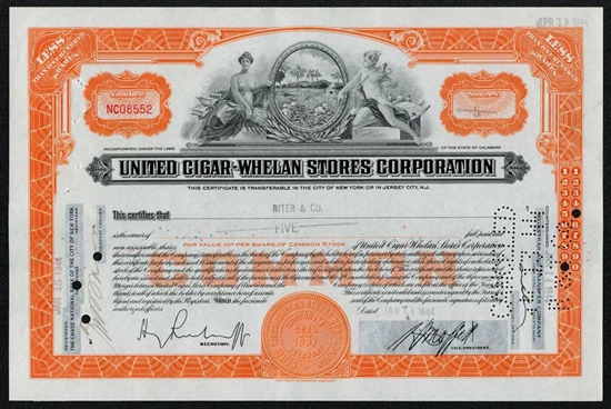 United Cigar-Whelan Store Corp Stock Certificate