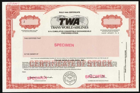 Trans World Airlines Specimen Certificate - TWA