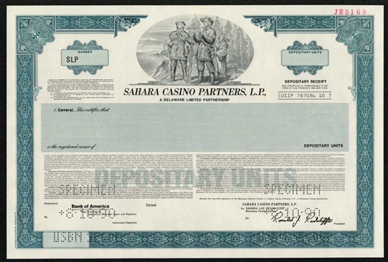 Sahara Casino Specimen Stock Certificate