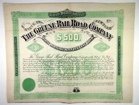 The Greene Railroad Company Bearer Bond - 1872