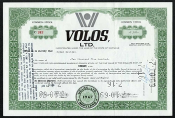 Volos Limited Stock Certificate - 1960s