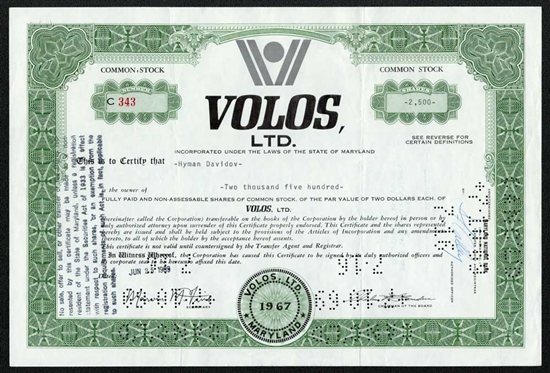 Volos Limited Stock Certificate - 1960s