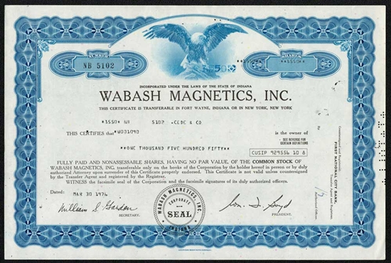 Wabash Magnetics, Inc. Stock Certificate