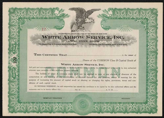 White Arrow Service, Inc.  Stock Certificate - Unissued