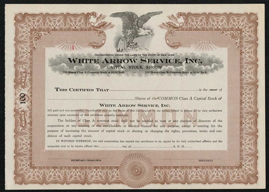 White Arrow Service, Inc.  Stock Certificate - Unissued