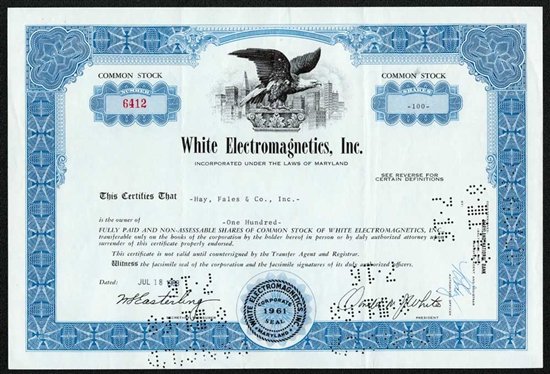 White Electromagnetics, Inc. Stock Certificate - 1968