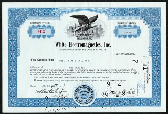 White Electromagnetics, Inc. Stock Certificate - 1968