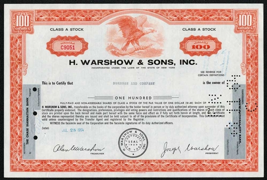 H. Warshow & Sons, Inc. Stock Certificate - 1960s