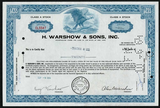 H. Warshow & Sons, Inc. Stock Certificate - 1960s