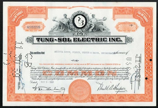 Tung-Sol Electric Inc Stock Certificate