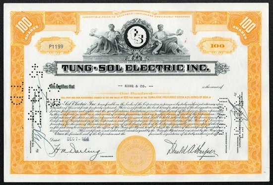 Tung-Sol Electric Inc Stock Certificate