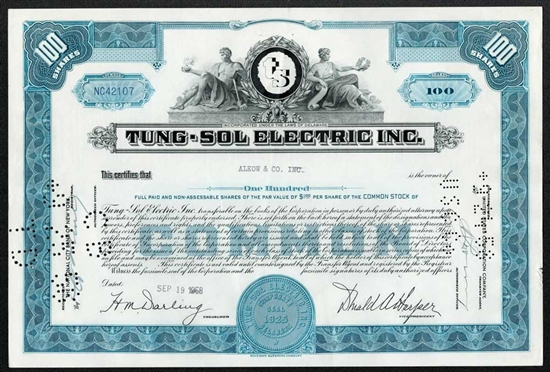 Tung-Sol Electric Inc Stock Certificate