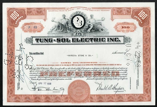 Tung-Sol Electric Inc Stock Certificate