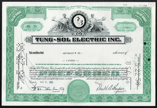 Tung-Sol Electric Inc Stock Certificate