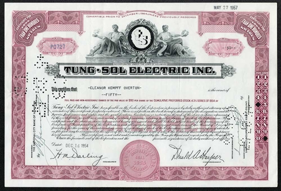 Tung-Sol Electric Inc Stock Certificate