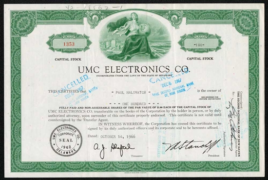 UMC Electronics Co Stock Certificate - 1960s