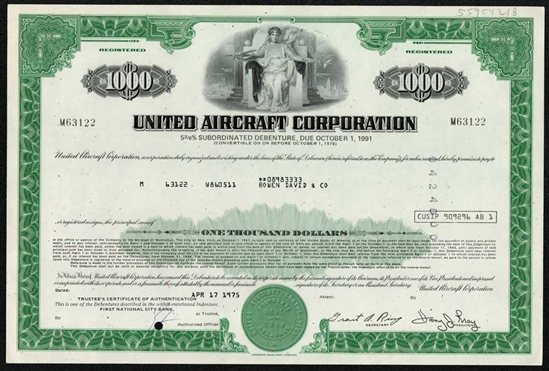 United Aircraft Corporation $1000 Bond - 1970s